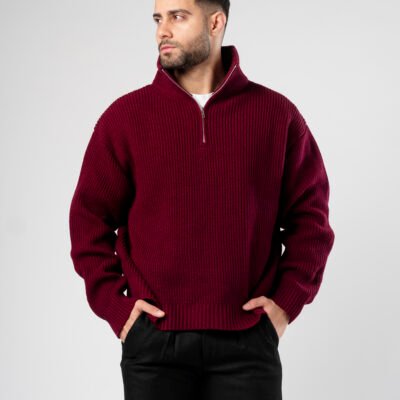SWEATER RIBBED ZIP BOXY FIT BORGOÑA