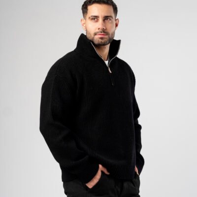 SWEATER RIBBED ZIP BOXY FIT NEGRO