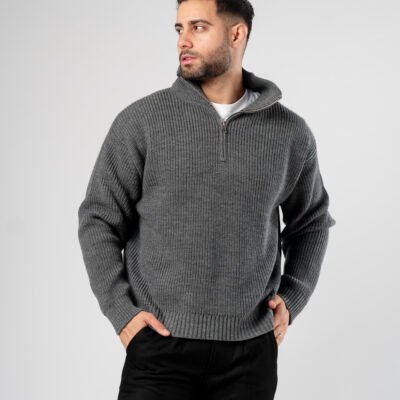 SWEATER RIBBED ZIP BOXY FIT GRIS MELANGE