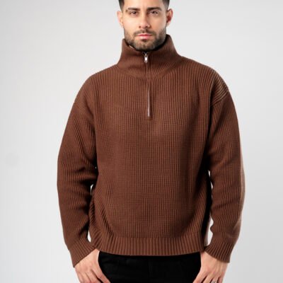 SWEATER RIBBED ZIP BOXY FIT MARRON