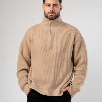 SWEATER RIBBED ZIP BOXY FIT BEIGE