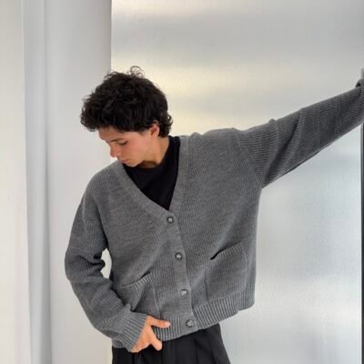 CARDIGAN KNIT BOXY FIT PLOMO MELANGE OSCURO